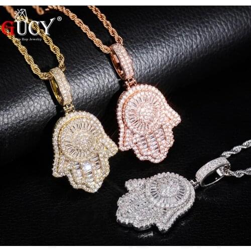 GUCY Hand Pendant Necklace Tennis Chain Cuban Chain Gold Silver Color Ice Out Cubic Zircon Hip Hop Rock Jewelry