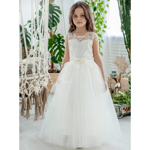Classic Tulle Flower Girl Dress with Bow Lace Appliques Long Sleeve For Wedding Birthday Ball Gown First Holy Communion Dresses