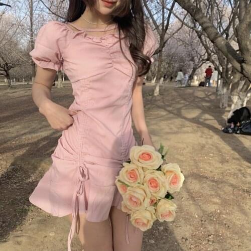 Mini Sun Dress 2021 Women Shorts Sleeve Puff Sexy Club Laides Square Collar Summer Slim High Waist Casual Femme Vestidos Pink