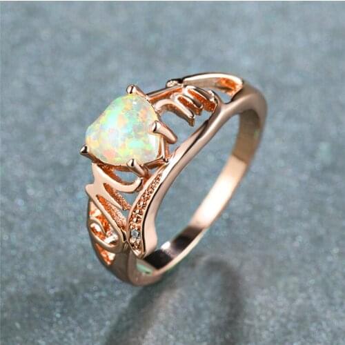 Trendy Female White Blue Purple Opal Stone Ring Dainty Love Heart Hollow Mom Ring Vintage Rose Gold Color Thin Rings For Women
