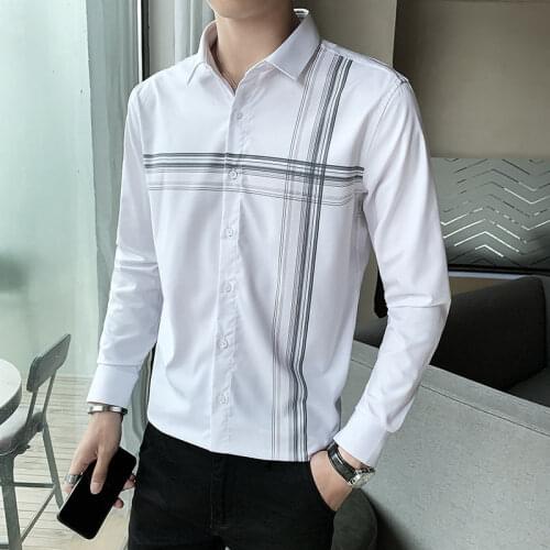 2021 Shirt Mens Korean Slim Long Sleeve Striped Print College Cotton The New Listing Fashion Leisure The Office Business
