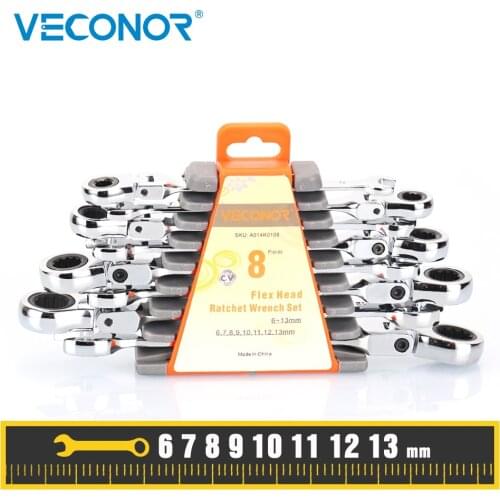 Veconor 8PCS Ratcheting Wrench Set Metric Flex Head Combination Spanner Keys Kit Open End Ratchet Wrenches Car Repair Hand Tools