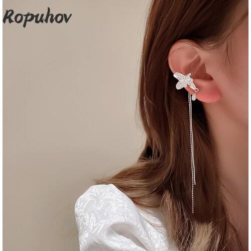 ROPUHOV 2021 New Korean Trendy Korean Fashion New Personality Fashion Pearl Lava Tin Foil Tassel Earbone Clip Earrings
