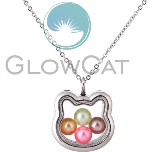 Cartoon Cat Pendant Necklace Silver Color Glass Locket Pearl Cage Pendant Steel Chain Necklace