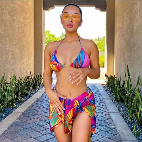 Sexy 3 Piece Bikini Set Push Up Halter Print Swimwear Women Beachwear Swimsuit Female Beach Skirt Bathing Suits Bikinis Mujer