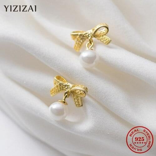 YIZIZAI Genuine 925 Sterling Silver Bohemian Bow Freshwater Pearl Earrings Womens Elegant French Drop Earrings Trendy Jewelry
