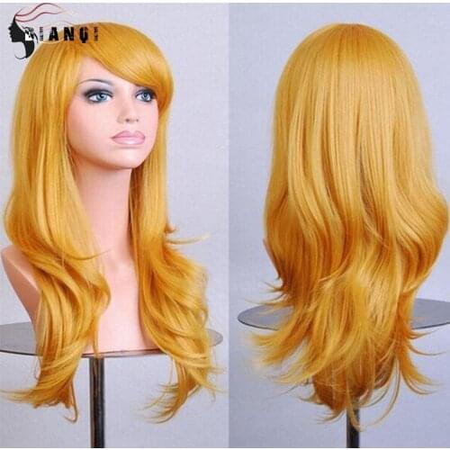 DIANQI Synthetic Long Wavy Wigs With Bangs Natural Curly Yellow Wigs for Women Cosplay Wigs Heat Resistant Fiber Wigs