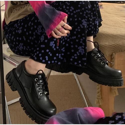 2021 Black Shoes Women Fashion Lace Up Womens Platform Shoe Ladies Comfortable PU Leather Sneakers Female Thick Bottom Footwear