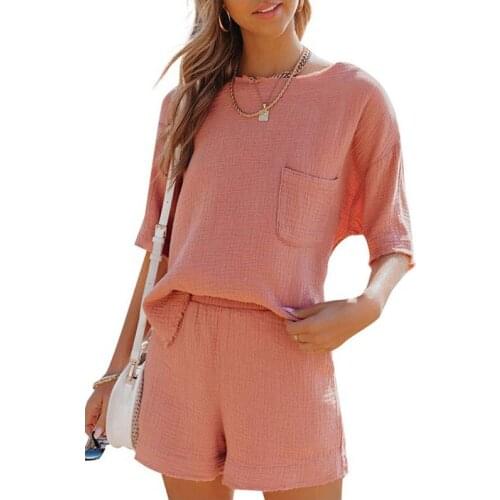 Aransue 2021 European and American Summer New Womens Fashion Leisure Solid Color Pocket Fold Cotton Linen Two-Piece Suit