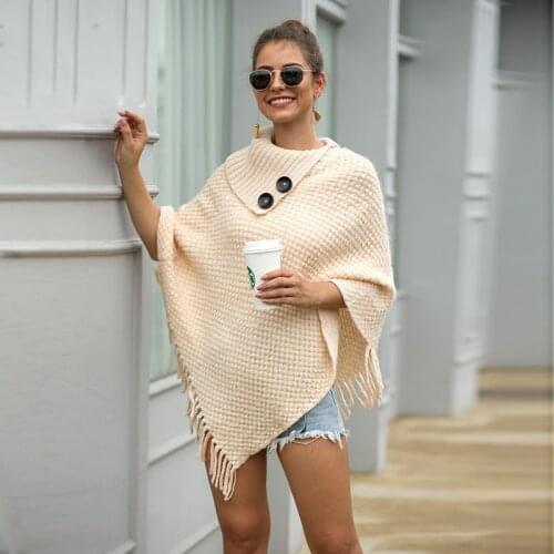 Womens Sweater Knitted Pullover Sweaters Female Sleeve Fringed Cloak Shawl Button Half Open Collar Solid Color Sweater Women