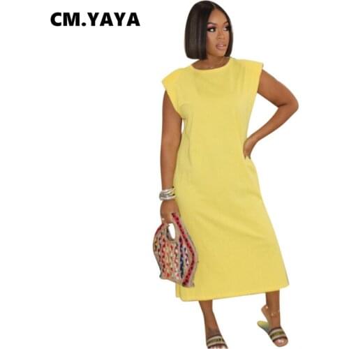 CM.YAYA Women Midi Dress Solid Sleeveless O-neck Loose Straight Splited Dresses Casual Fashion Vestidos Summer Outfits 2021
