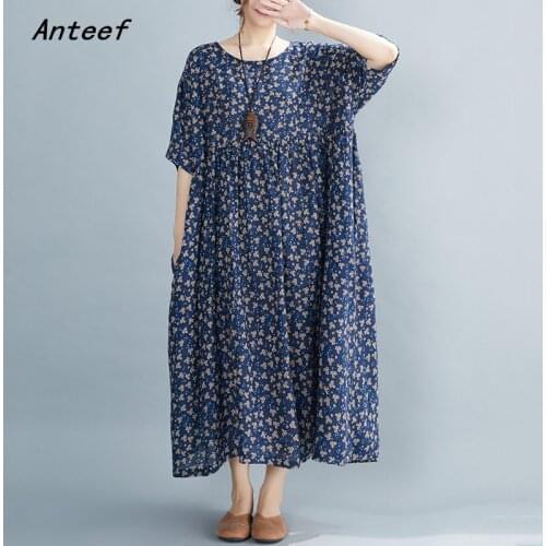 Short sleeve cotton vintage floral dresses for women casual loose long woman summer dress elegant clothes 2021
