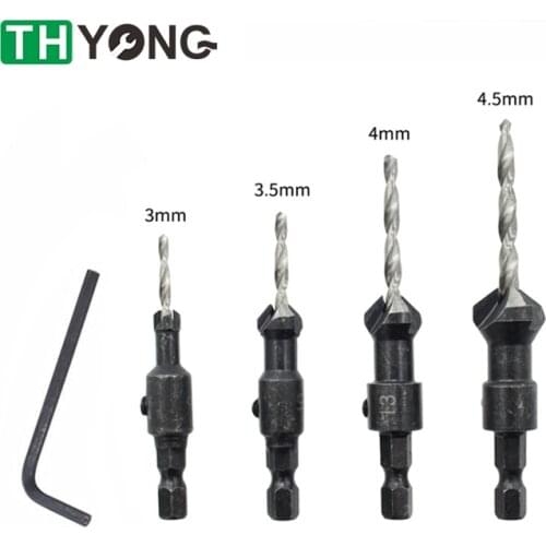 4 Pcs 1/4 inch HSS Hex Shank Countersink Tapered Drill Bit Set with Wrench Quick Change Cone Reaming Wood Woodworking Tools