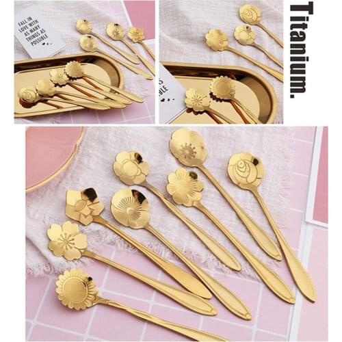 8PCs/ Set Cherry Blossoms Stainless Steel Tea Coffee Spoon Teaspoons Ice Cream Sugar Flatware Gold Kitchen Tableware