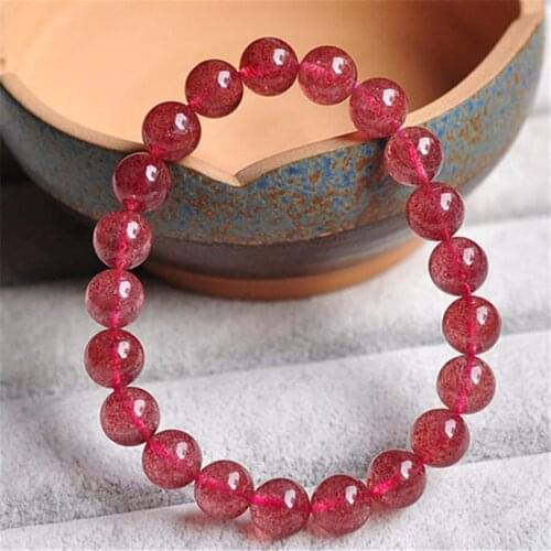9mm Genuine Natural Red Strawberry Quartz Bracelets For Women Ladies Femme Charm Transparent Round Clear Crystal Beads Bracelet