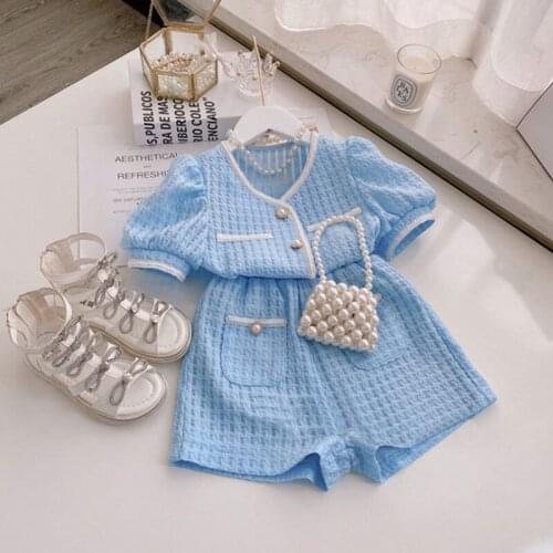 Kids Girls Summer Clothing Suits Baby Girl Elegant Waffle Plaid Outfits Childrens Princess T-shirt And Shorts Pearls Outfits