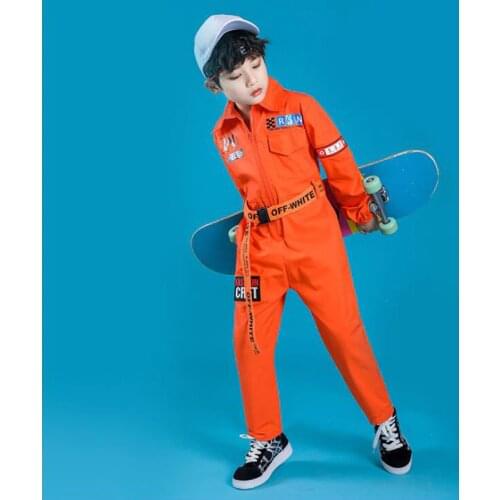Kids Long Sleeve Hip Hop Clothing Blue Red Loose Jumpsuit Overalls for Girls Boys Jazz Dance Costumes Dancing Clothes Wear