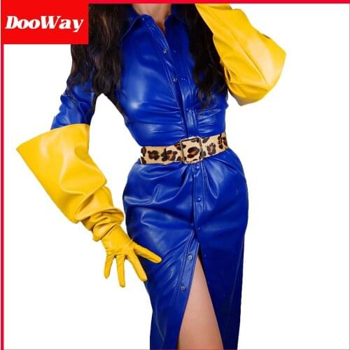 DooWay Womens Fashion Extra Long Gloves Faux Lambskin Leather PU Oversize Puff Wide Sleeves for Evening Costume Yellow 28"