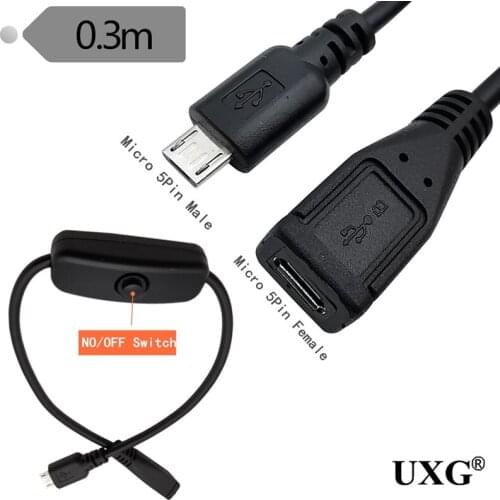 USB micro 5P male-to-female USB cable with on / off switch,USB 2.0 extended push-in key switch cable 0.3m