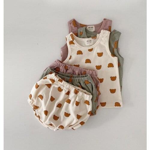 8021 Baby Clothing Set Boys Suit 2021 Korean Summer Baby Girl 2 Pieces Suit Fashion Cute Print Sleeveless Vest+Short Baby Set