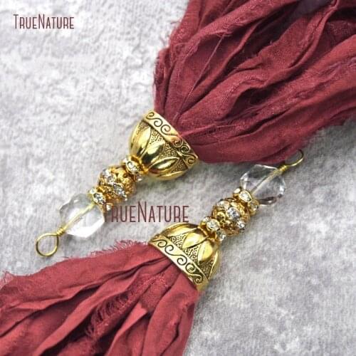 10pcs Sari Silk Tassel Pendants With Crystal and Gold Rhinestone Ball Red Yarn Ribbon Tassel Pendant PM20065