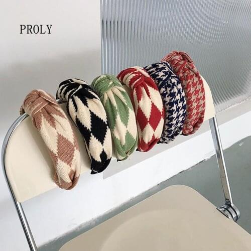 PROLY New Fashion Knitted Headband Women Classic Houndstooth Plaid Hairband Wide Side Winter Headwear Hair Accessories