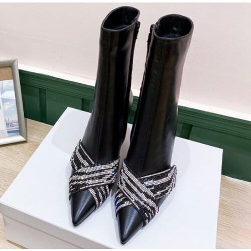 Luxury Elegant Crystal High Heels Boots Solid Brand Design Pointed Toe Women Shoes New Fashion Ankle Zip Female Boots Luxury El