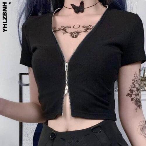 YHLZBNH Sexy V-neck Bodycon Tops Women Harajuku Streetwear Black Short Sleeve Zipper Tops T-shirt Summer Gothic Crop Tops Female