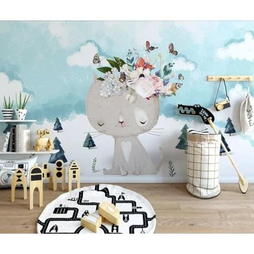 Nordic modern contracted cartoon kitten flowers children room background wall painting