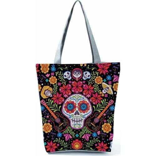 Disney Coco Printed Handbags Floral Skull Halloween Fashion Tote Women Shoulder Bag Eco Reusable Shopping Bag Custom Pattern