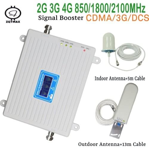 ZQTMAX gsm signal booster lte 4g Repeater 3g cellular amplifier cdma dcs wcdma Tri Band 850 1800 2100 + antenna sets LCD display
