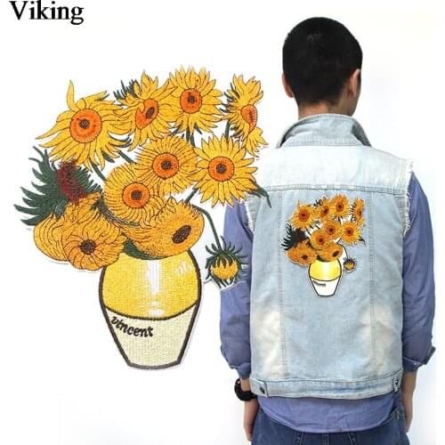 Van goghs Sunflowers Big Patches Iron On Patches For Clothing Embroidered Stripe On Clothes DIY Sequin Applique Badge G0031