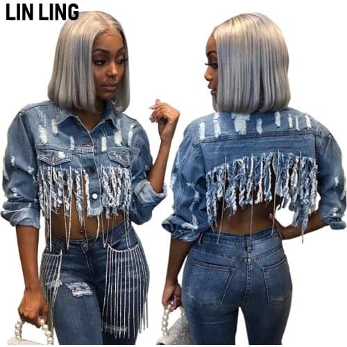 LINLING Fashion Streetwear Women Jackets Long Sleeve Denim Coat Female Outerwear Crop Tops Tassel Hole Women Coats Short Jackets