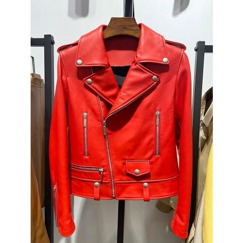 2021 Long Sleeve Fashion Women Genuine Leather Jacket Black Motorcycle Biker Leather Coat Outerwear Leather Overcoat