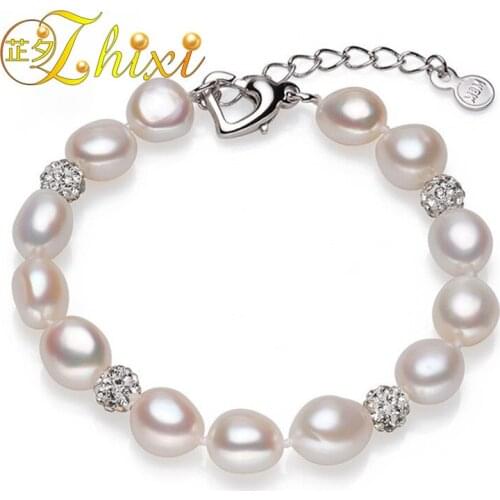 ZHIXI Baroque Pearl Bracelets Fine Jewelry Freshwater Pearl Bracelets 9-10mm Trendy Wedding Party Gift For Women S104