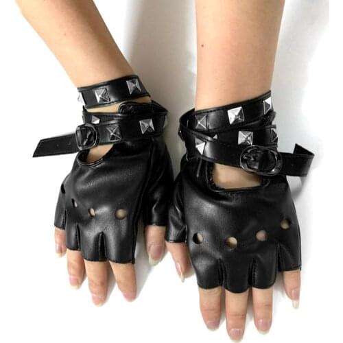 Womens punk Leather gloves Studded Metal Band Fingerless Gloves