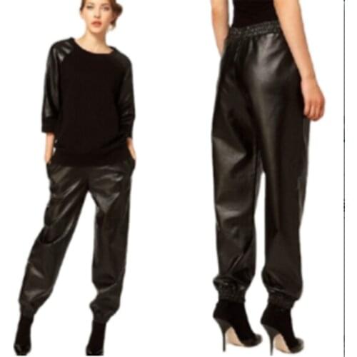Womens Plus Size spring-autumn Black PU leather loose Trousers elastic waist pants dproof wind and oil slim straight-leg pants