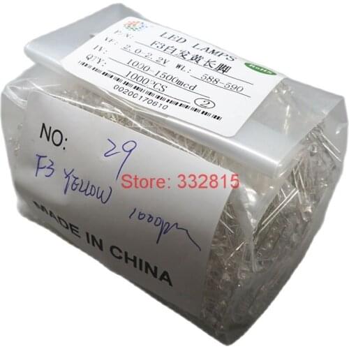 1000PCS F3 YELLOW LED DIP-2 3MM ROUND Water Clear LONG LEGS 2.0-2.2V 1000-1500MCD Light Emitting Diode LAMP Free Shipping