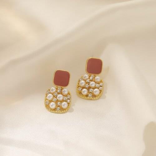 2021 Korean Style Stud Earrings Pink Enamel Square Rhinestone Pearl Golden Geometric Ear Piercing Jewelry