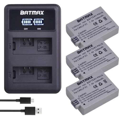3Pcs 1500mAh LP-E5 LP E5 Battery Bateria + LED USB Dual Charger for Canon DSLR EOS 500D 450D 1000D Kiss x3 Cameras