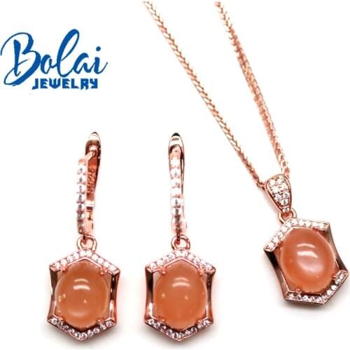 Bolaijewelry,Natural Orange Moonstone Pendant Earrings Oval 8*10mm Set, 925 Pure Silver Simple and Light Luxury Female Jewelry