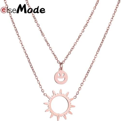 ELSEMODE Rose Gold Steel Double Layer Sun Necklace Women Wiccan Jewelry Stainless Steel Choker Bridesmaid Gift Collier Femme