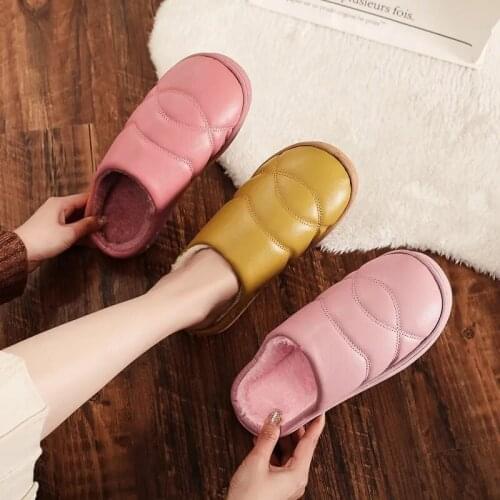 Leather waterproof slippers Women warm house non-slip slippers light weight soft cozy winter slipper women Flat Slippers Plush