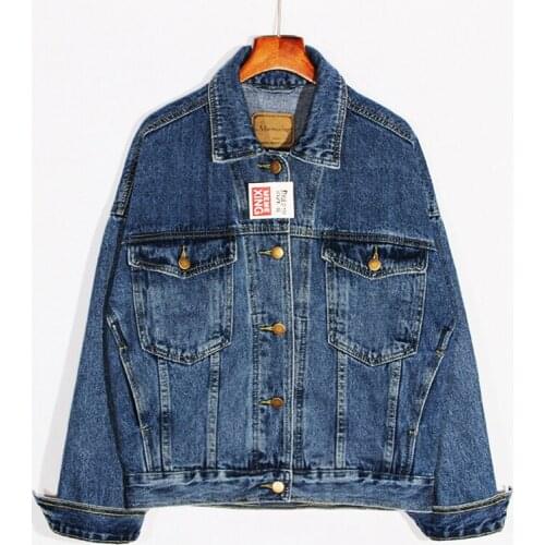 Vintage Washed Blue Denim Jacket Women Coat Loose Pocket Long sleeve Outerwear Chaqueta Mujer Autumn Short Jeans Jacket Female