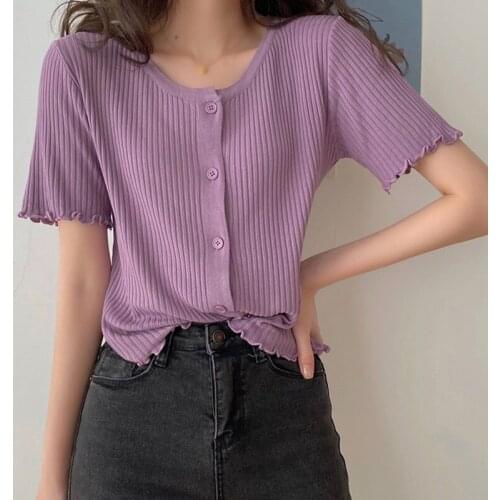 Summer Vintage O-Neck Button Section Knitted T-Shirt Casual Women T-shirt Top Tee Harajuku Crop Thin Short Sleeve One Size