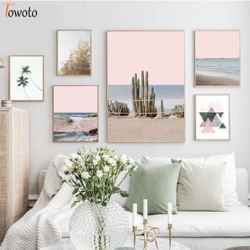 Seascape Pink Pictures Art for Home Design Kitchen Palm Cactus Wall Art Prints Poster Decoration Canvas Wall Poster Living Room