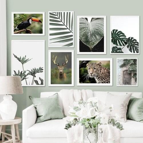 Toucan Leopard Elk Dew Monstera Palm Leaf Wall Art Canvas Painting Nordic Posters And Prints Wall Pictures For Living Room Decor