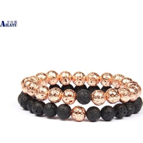 New Couples Distance Bracelet with 8mm Rose & Black Lava Stone Beads Pulseira Masculina Jewelry Healing Energy Drop Shipping