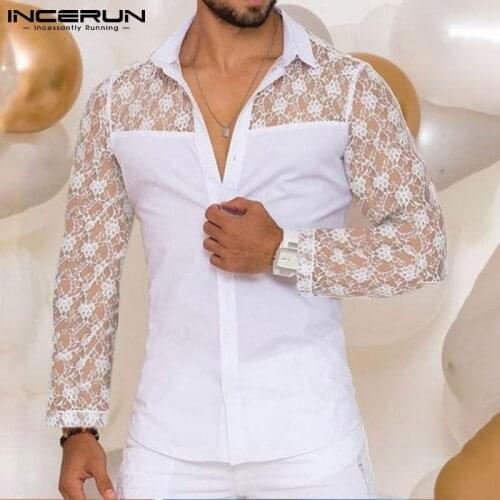 INCERUN 2021 New Mens Blouse Casual Streetwear European And American Style Lace Sexy Leisure Stitching Long-sleeved Shirt S-5XL
