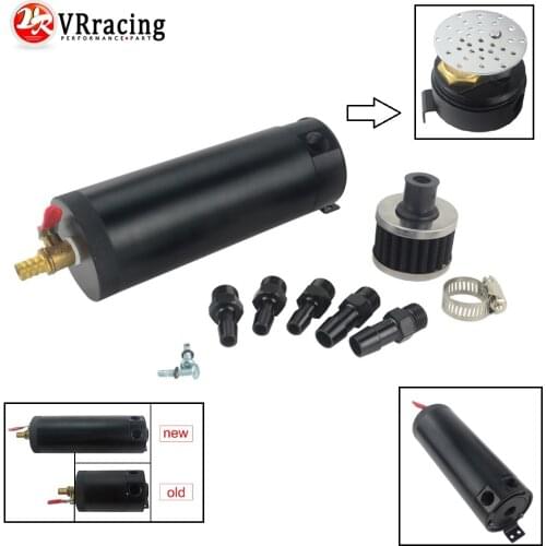 VR - Universal Billet Aluminum Baffled 2-port New Long Oil Catch Can Tank with Breather Filter Engine Mini Oil Separator VR-TK94